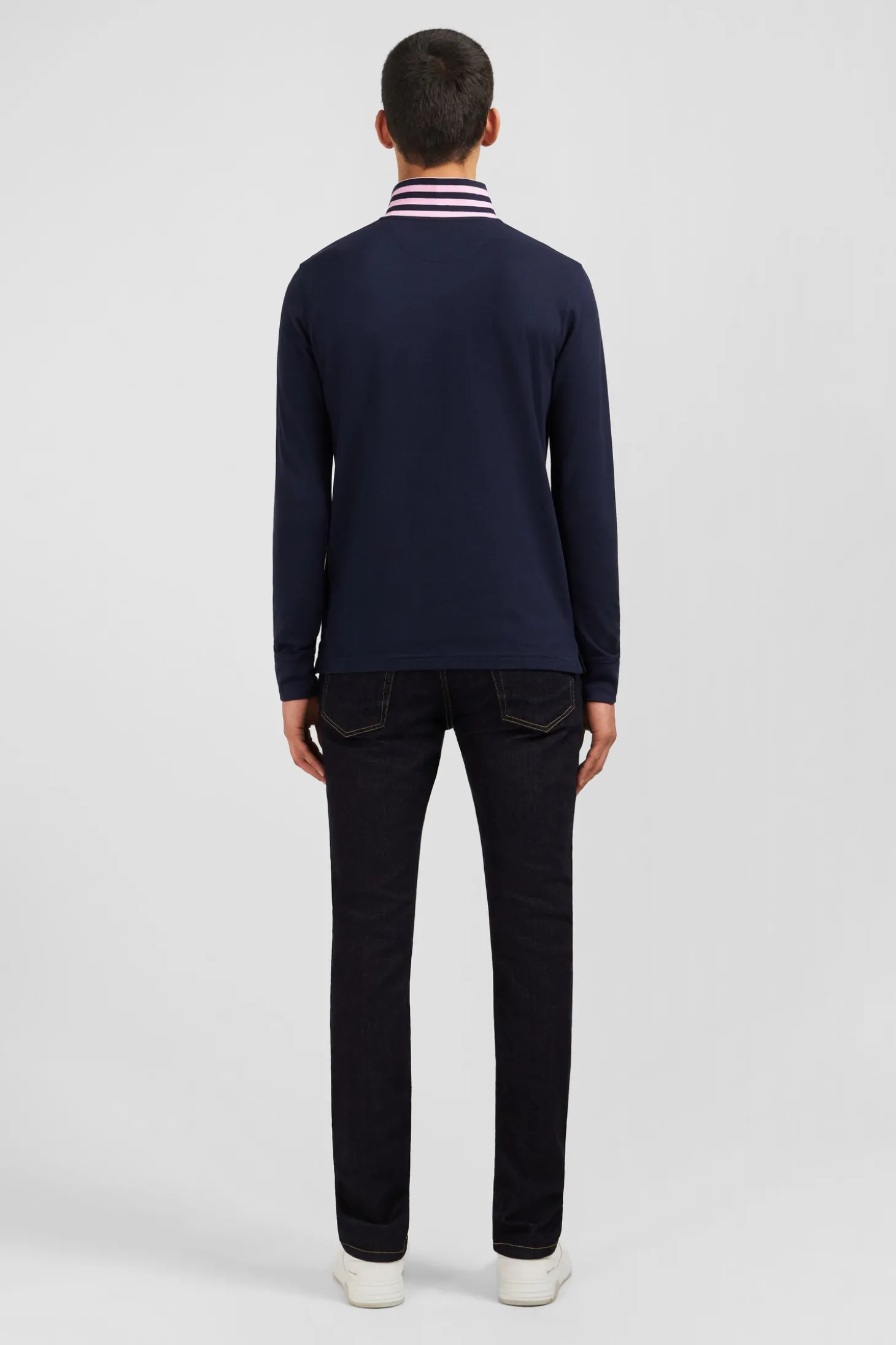 Polo manches longues bleu marine en coton avec col contrasté