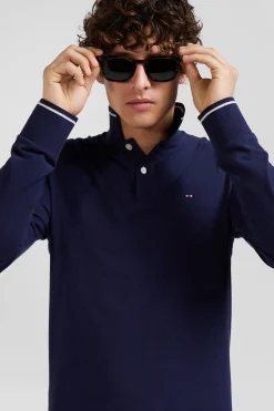 Polo manches longues bleu marine en coton stretch finitions rayées