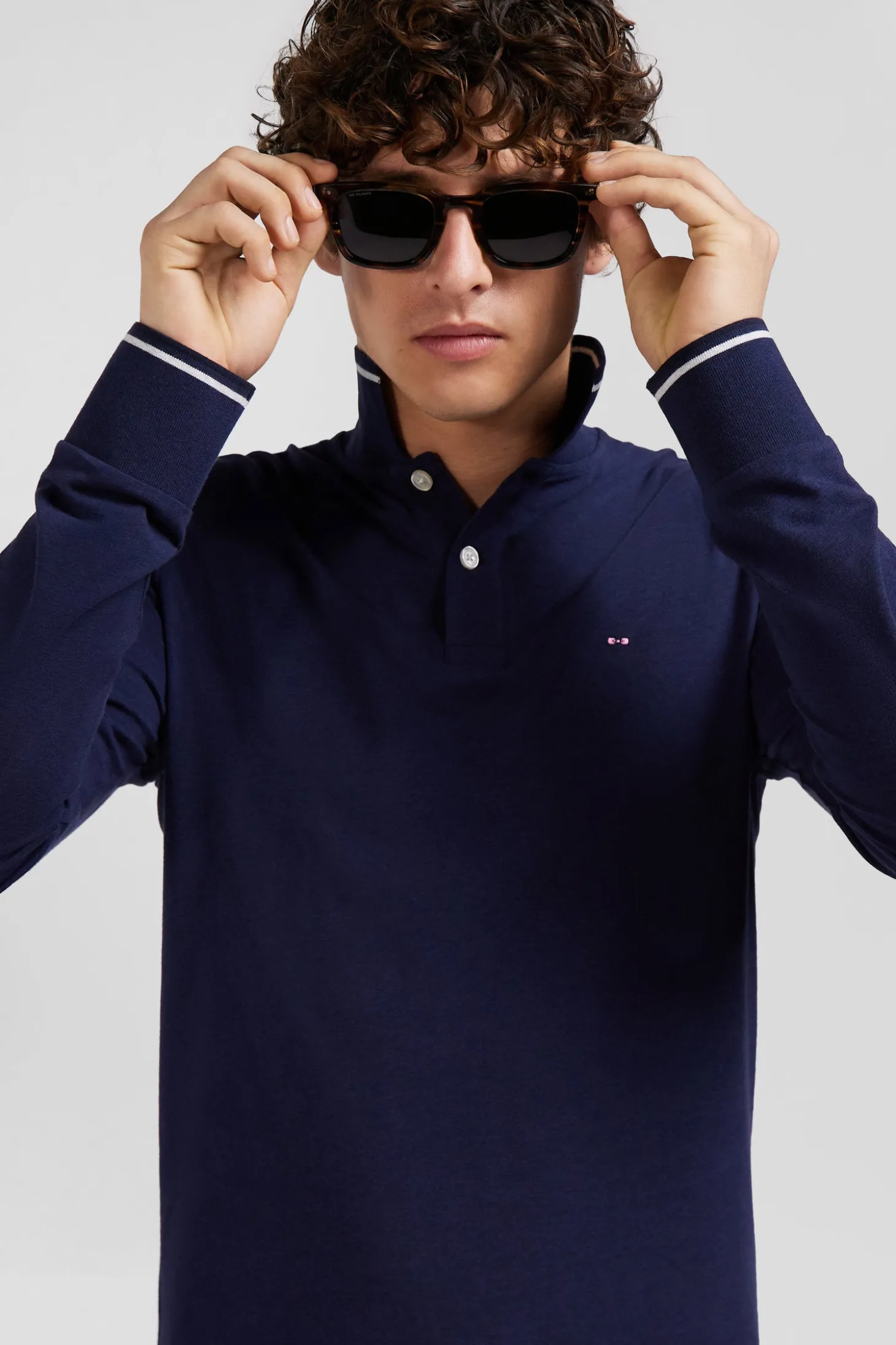 Polo manches longues bleu marine en coton stretch finitions rayées