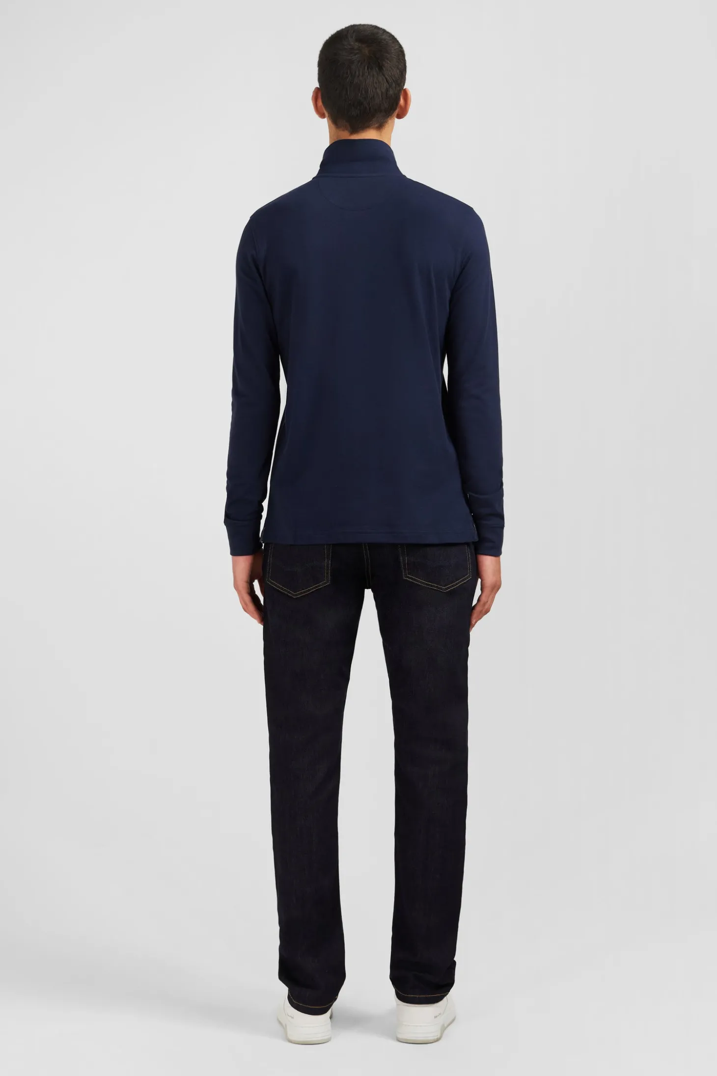 Polo manches longues bleu marine uni en piqué de coton stretch