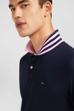 Polo manches longues bleu marine en coton avec col contrasté