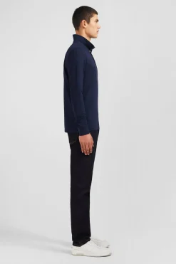 Polo manches longues bleu marine uni en piqué de coton stretch