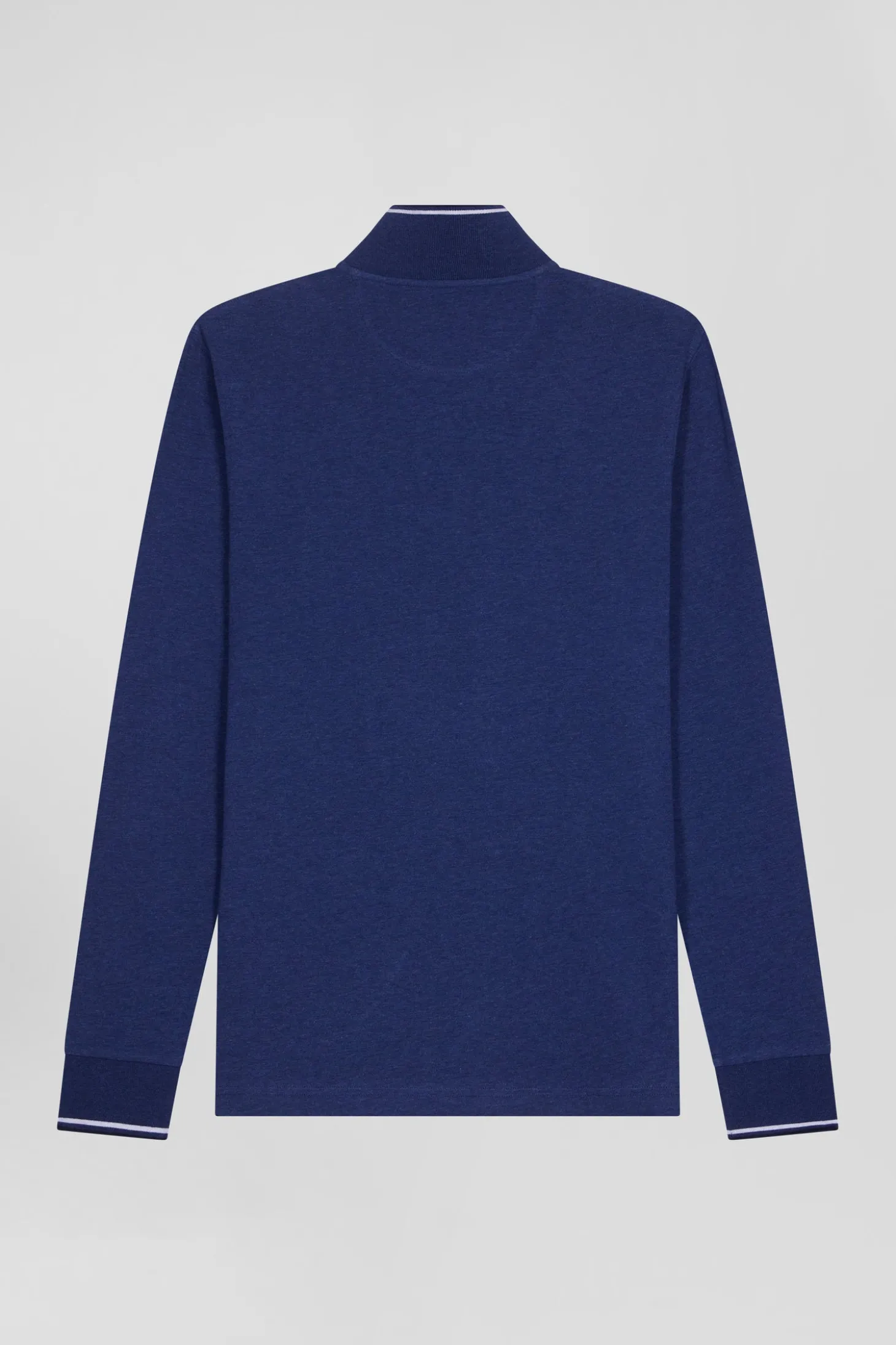Polo manches longues bleu foncé en coton stretch finitions rayées