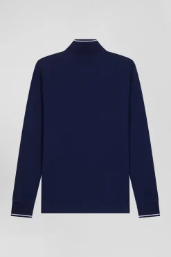 Polo manches longues bleu marine en coton stretch finitions rayées