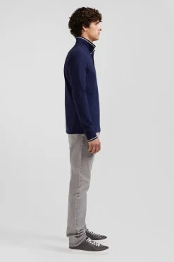 Polo manches longues bleu marine en coton stretch finitions rayées
