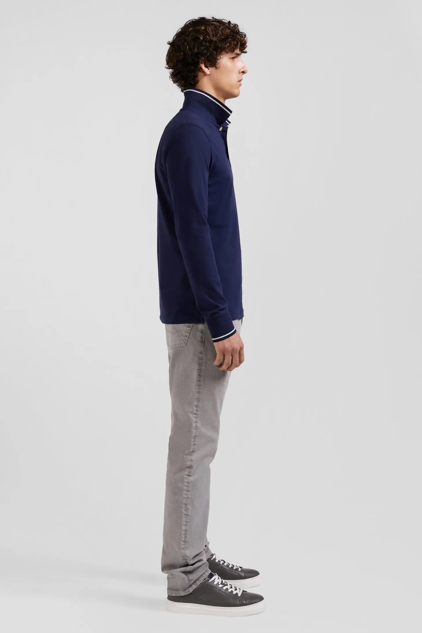 Polo manches longues bleu marine en coton stretch finitions rayées