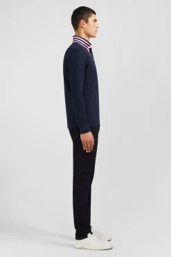 Polo manches longues bleu marine en coton avec col contrasté