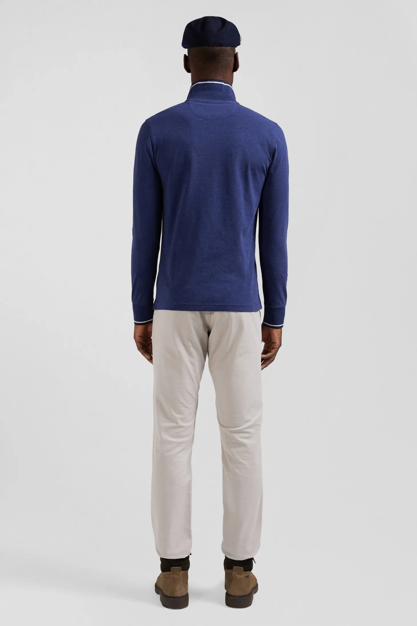 Polo manches longues bleu foncé en coton stretch finitions rayées