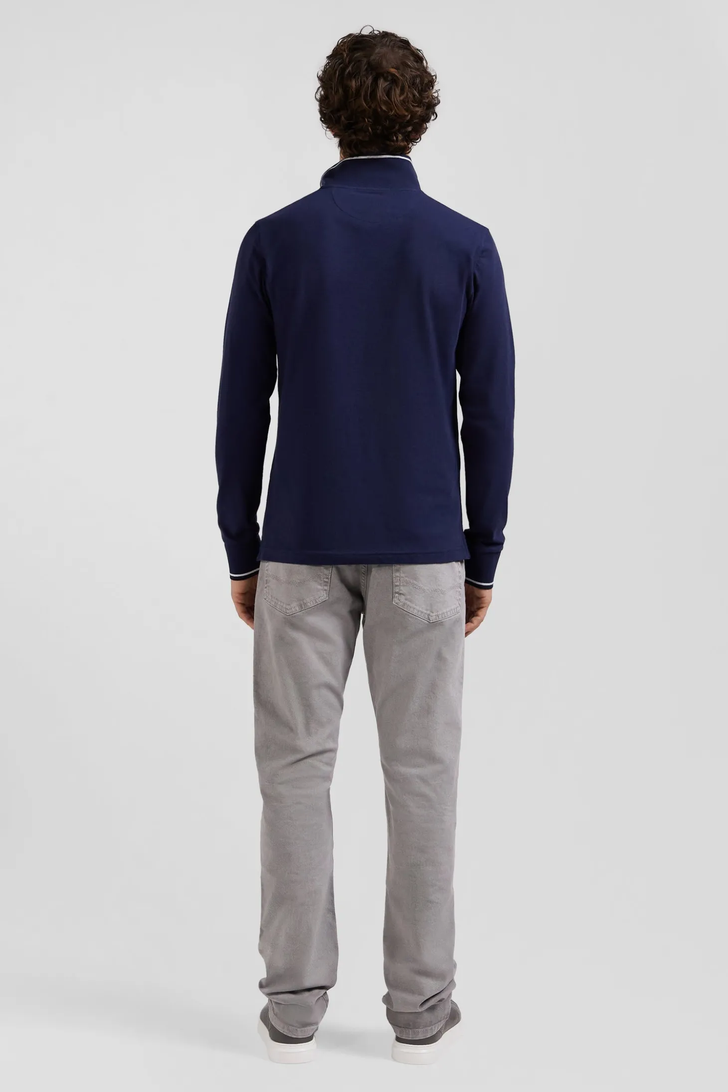 Polo manches longues bleu marine en coton stretch finitions rayées