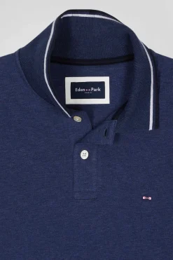 Polo manches longues bleu foncé en coton stretch finitions rayées