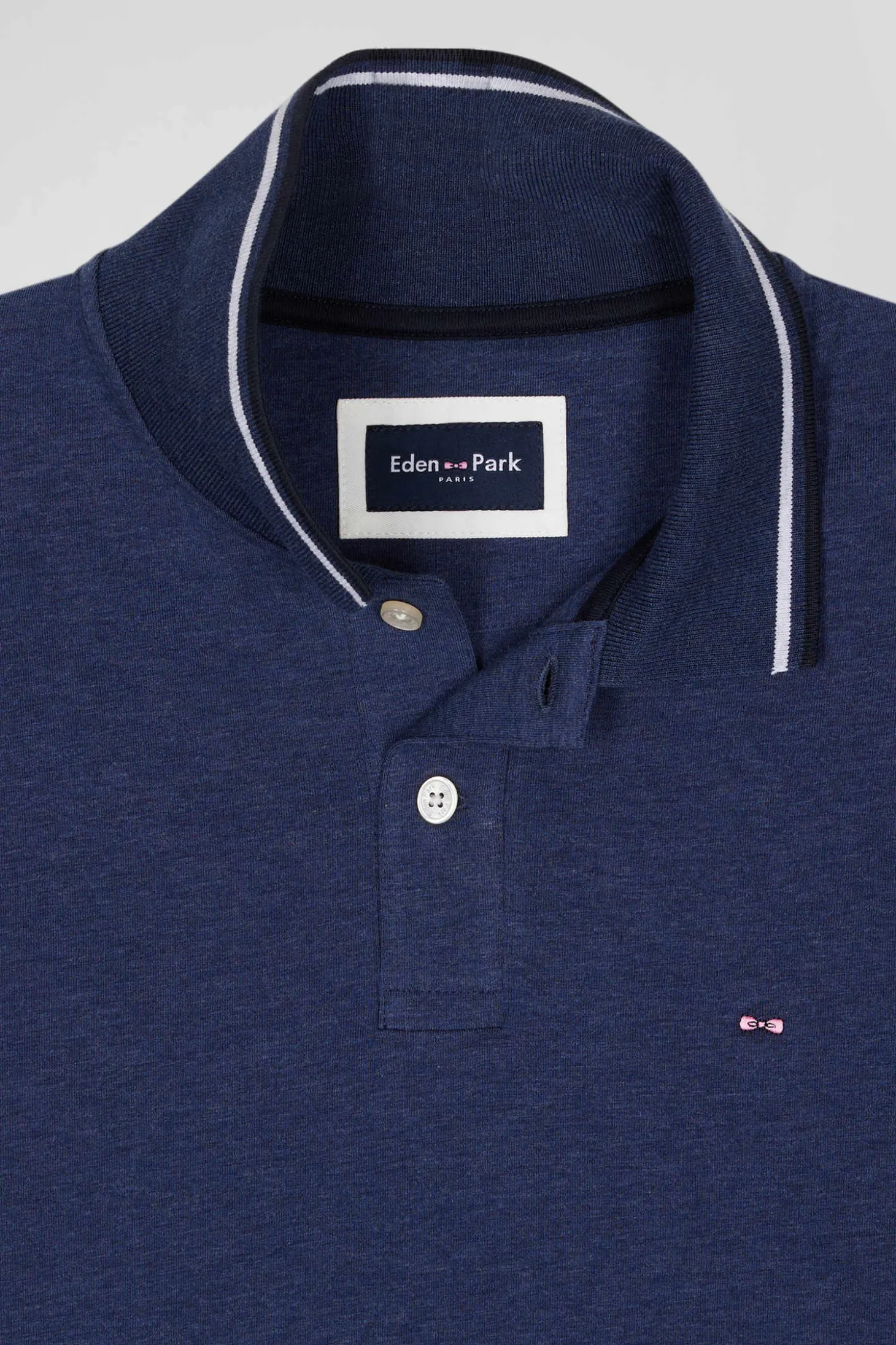 Polo manches longues bleu foncé en coton stretch finitions rayées
