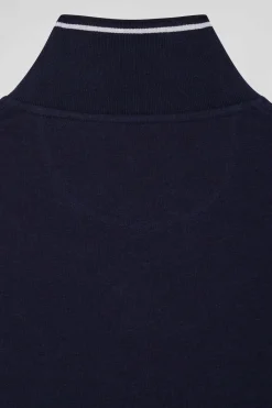 Polo manches longues bleu marine en coton stretch finitions rayées