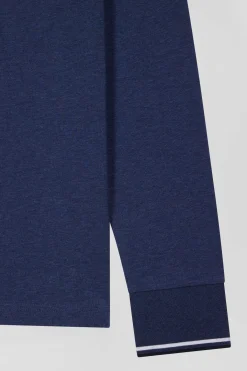Polo manches longues bleu foncé en coton stretch finitions rayées