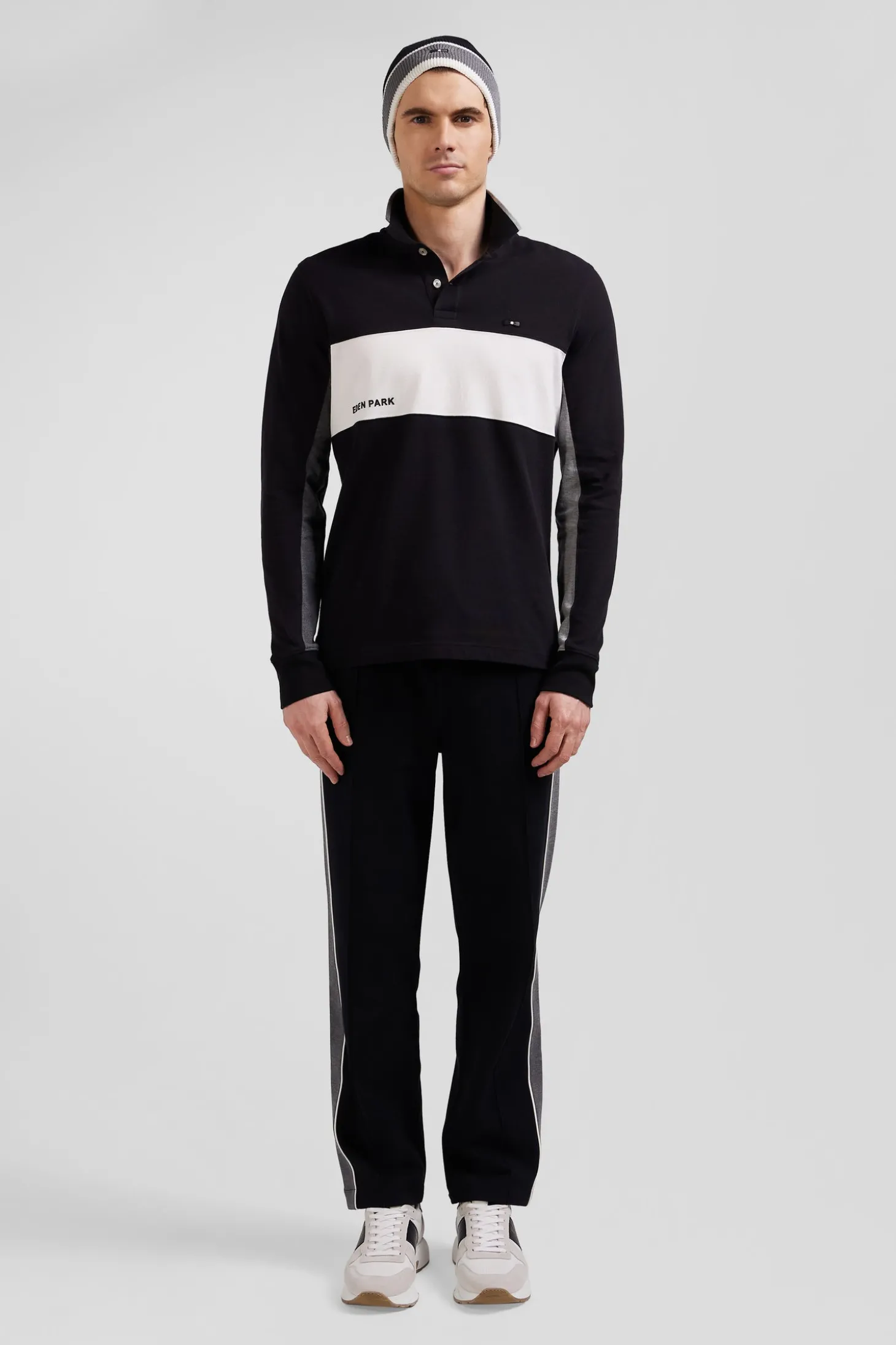 Polo manches longues colorblock en piqué coton noir coupe Regular