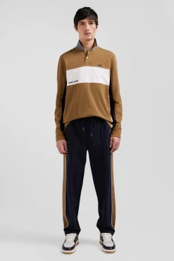 Polo manches longues colorblock en piqué coton camel coupe Regular