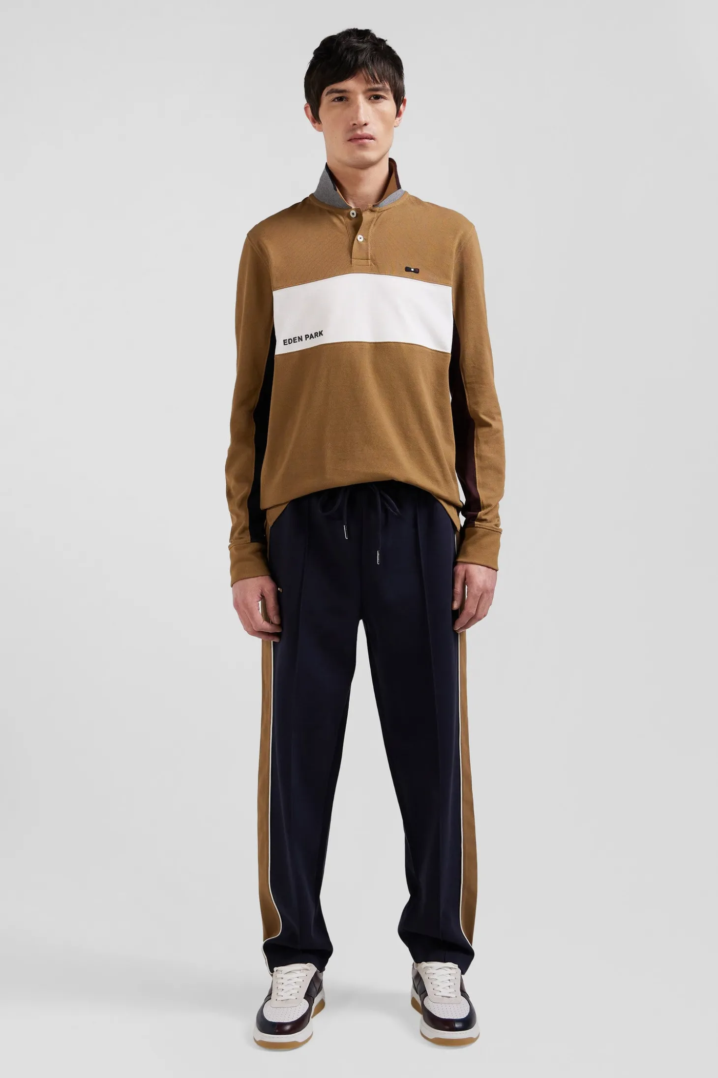 Polo manches longues colorblock en piqué coton camel coupe Regular