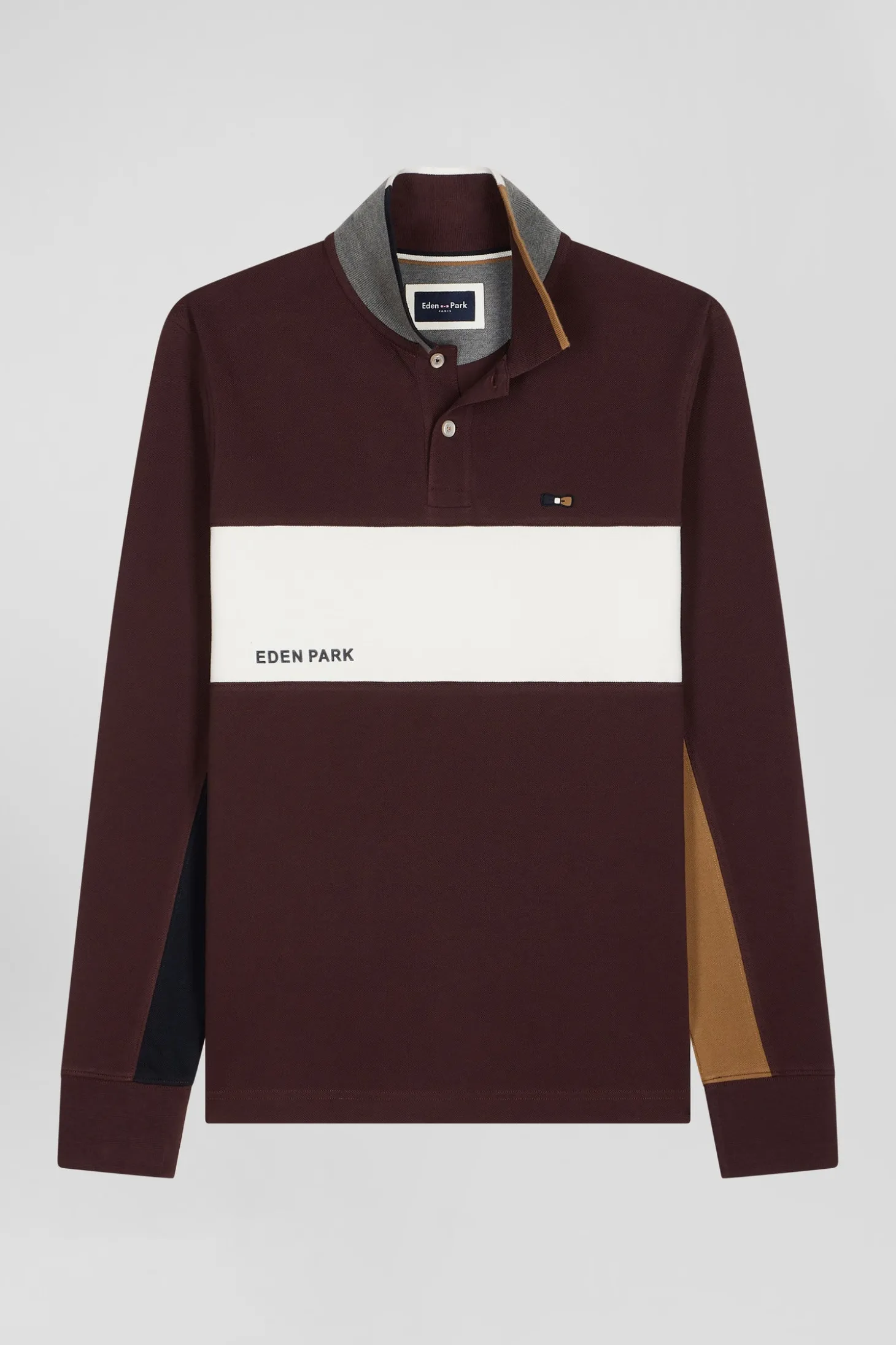 Polo manches longues colorblock en piqué coton bordeaux coupe Regular