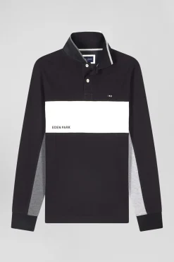 Polo manches longues colorblock en piqué coton noir coupe Regular