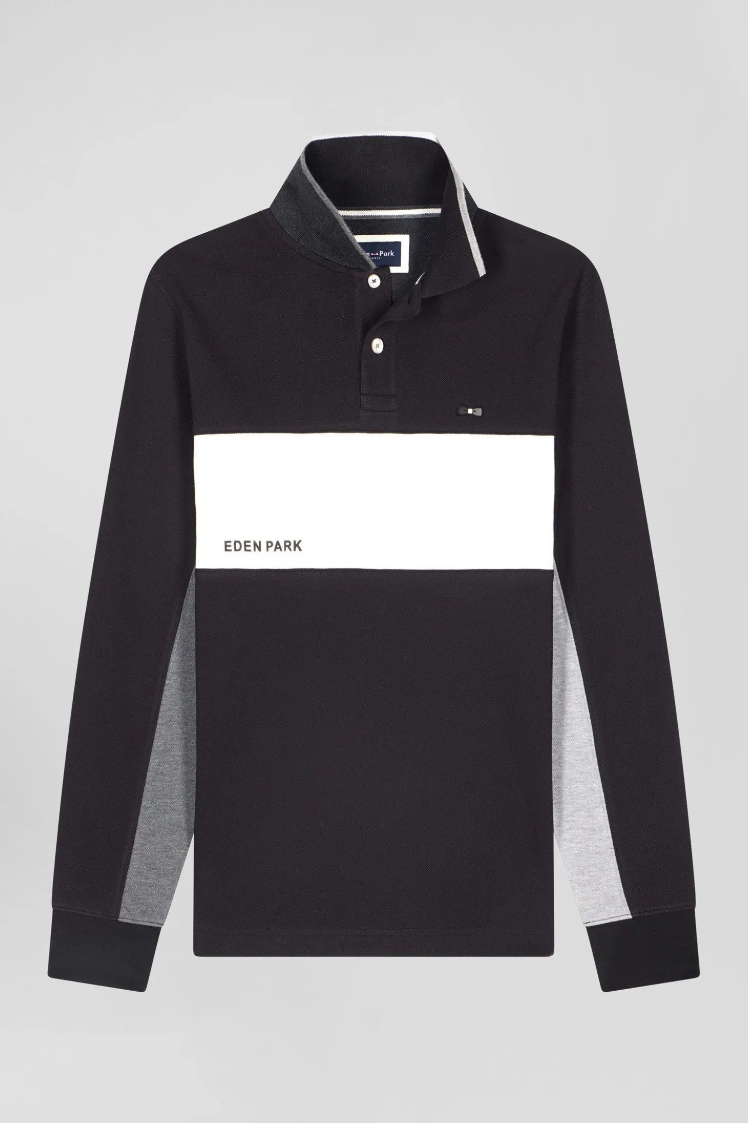 Polo manches longues colorblock en piqué coton noir coupe Regular