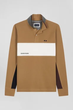 Polo manches longues colorblock en piqué coton camel coupe Regular
