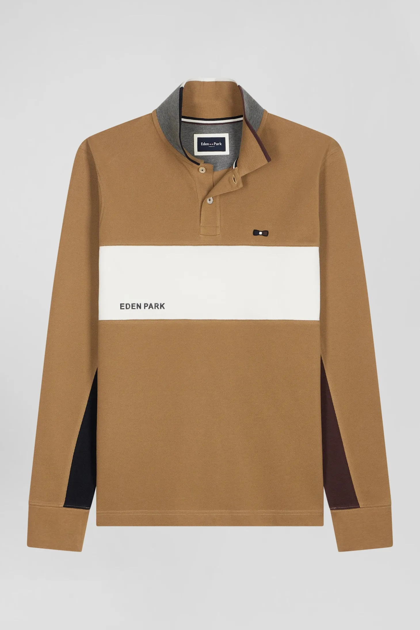 Polo manches longues colorblock en piqué coton camel coupe Regular
