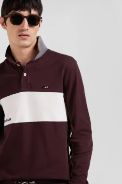 Polo manches longues colorblock en piqué coton bordeaux coupe Regular