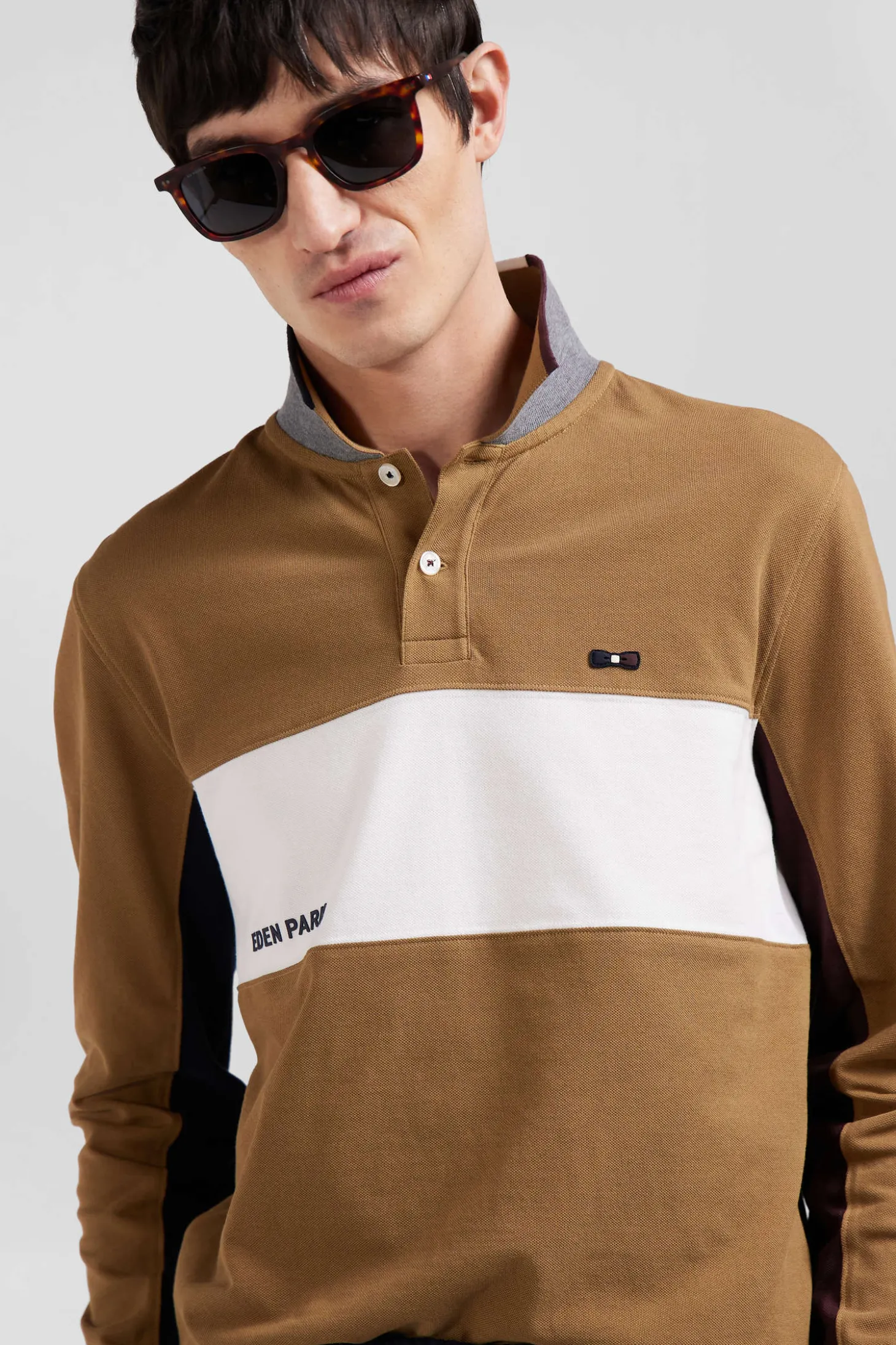Polo manches longues colorblock en piqué coton camel coupe Regular