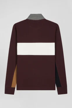 Polo manches longues colorblock en piqué coton bordeaux coupe Regular