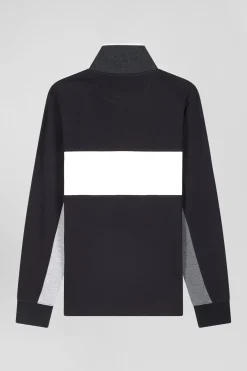Polo manches longues colorblock en piqué coton noir coupe Regular