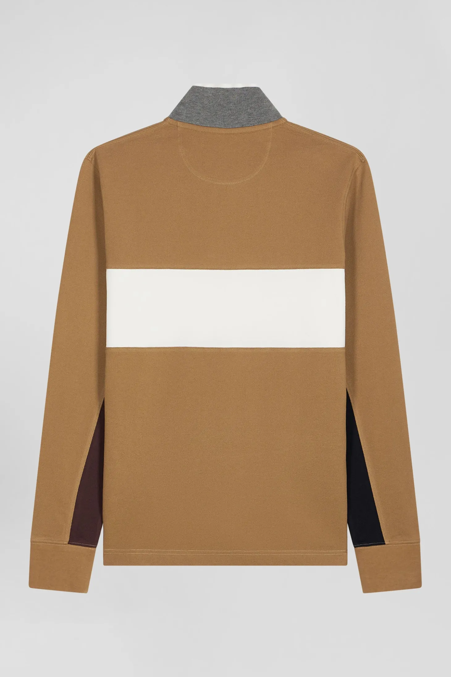 Polo manches longues colorblock en piqué coton camel coupe Regular