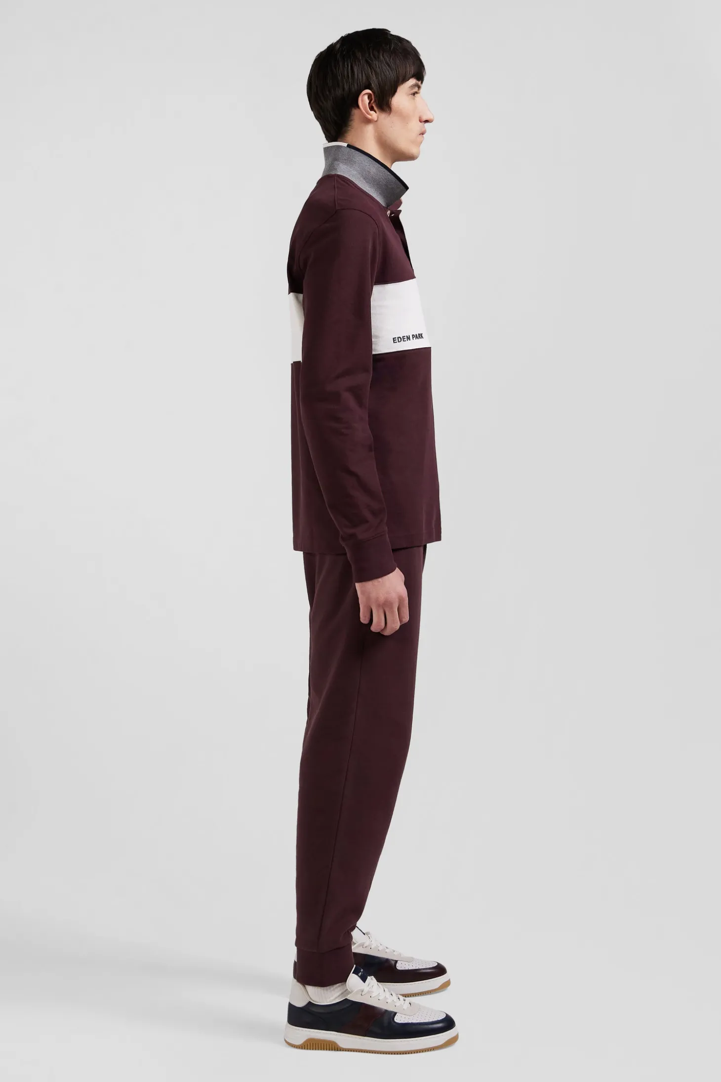 Polo manches longues colorblock en piqué coton bordeaux coupe Regular