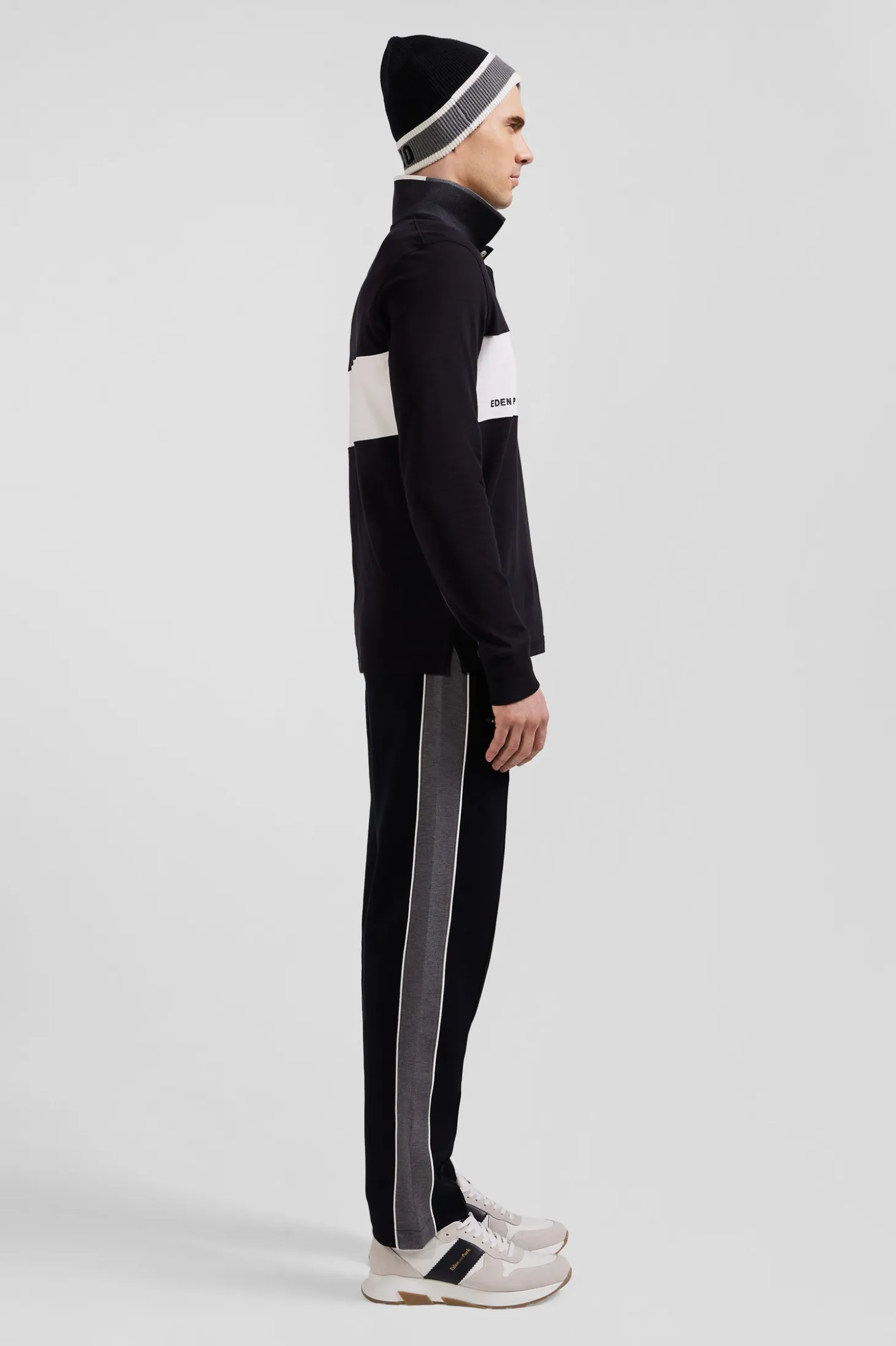 Polo manches longues colorblock en piqué coton noir coupe Regular