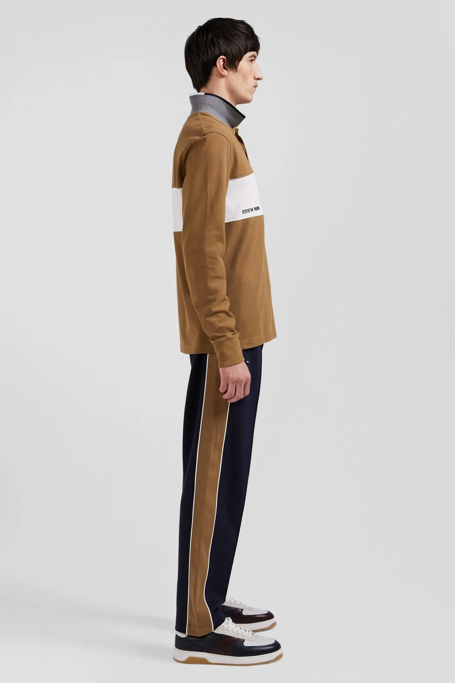 Polo manches longues colorblock en piqué coton camel coupe Regular