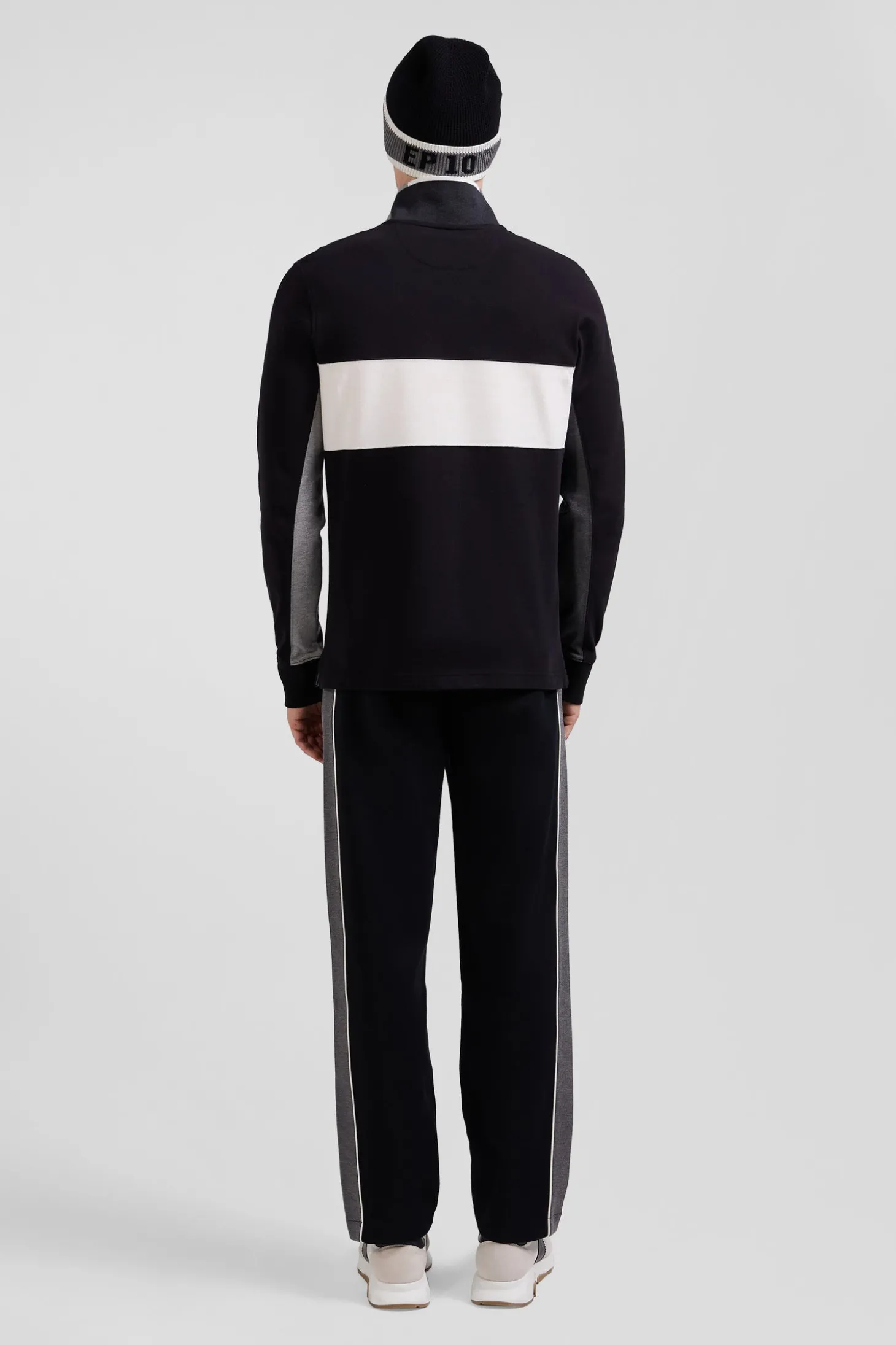 Polo manches longues colorblock en piqué coton noir coupe Regular