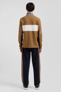 Polo manches longues colorblock en piqué coton camel coupe Regular