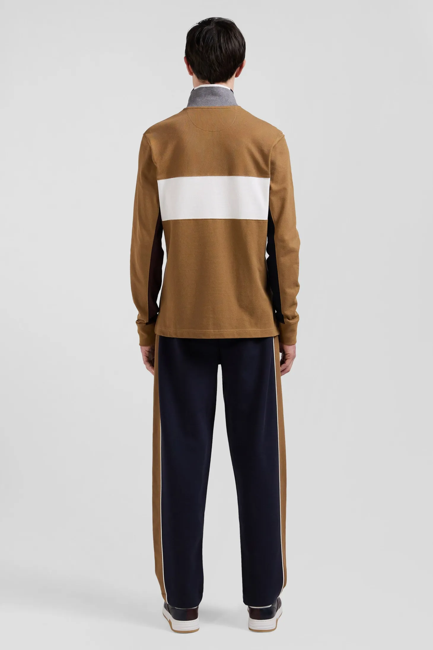 Polo manches longues colorblock en piqué coton camel coupe Regular