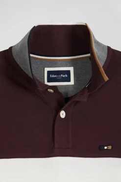 Polo manches longues colorblock en piqué coton bordeaux coupe Regular