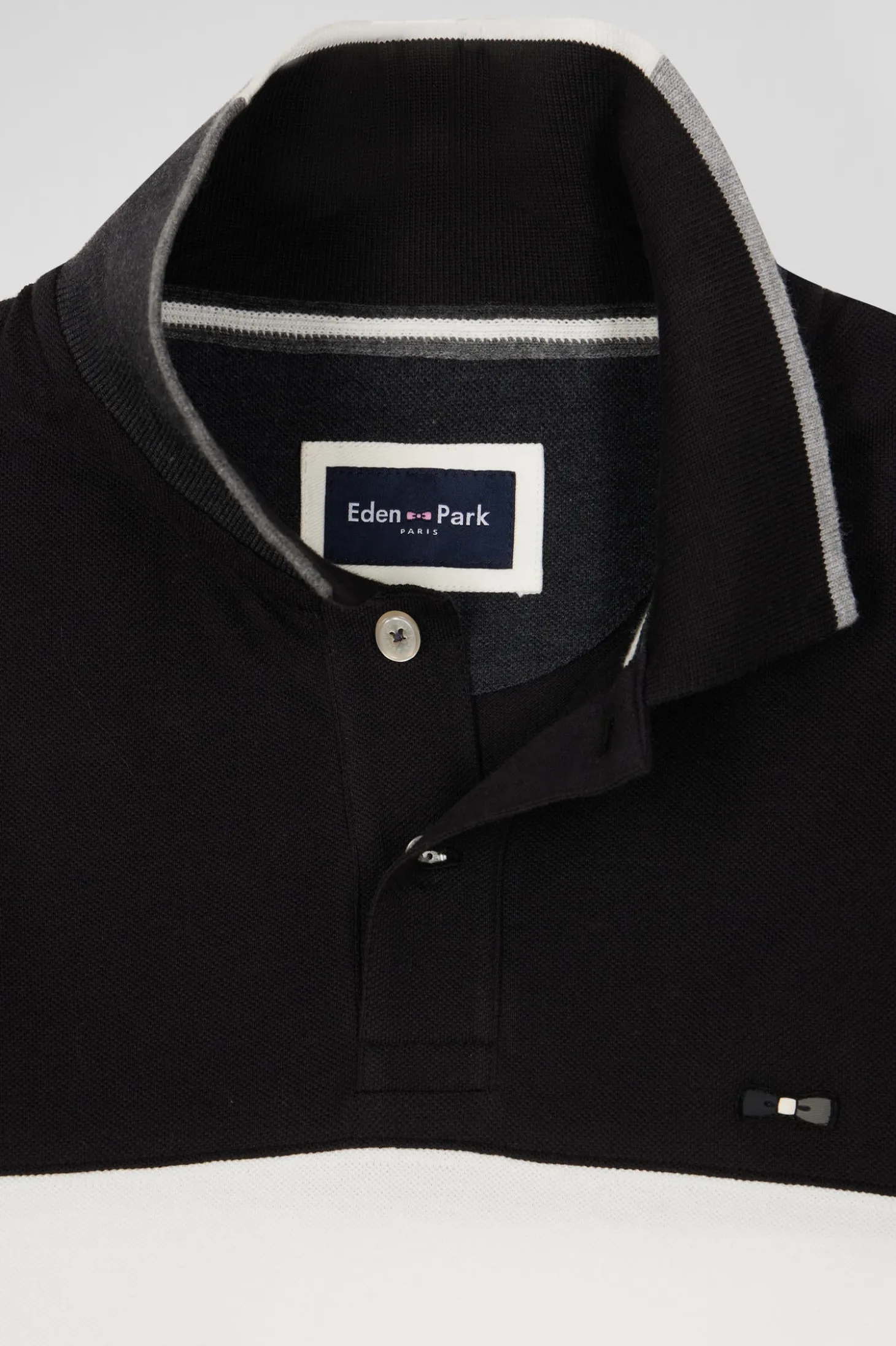 Polo manches longues colorblock en piqué coton noir coupe Regular