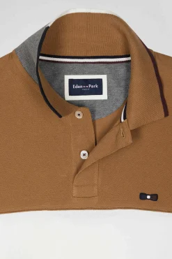 Polo manches longues colorblock en piqué coton camel coupe Regular
