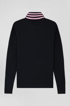 Polo manches longues en coton stretch bleu marine col cerclé coupe Slim