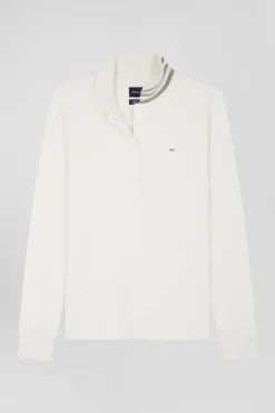 Polo manches longues en coton stretch écru col cerclé coupe Slim