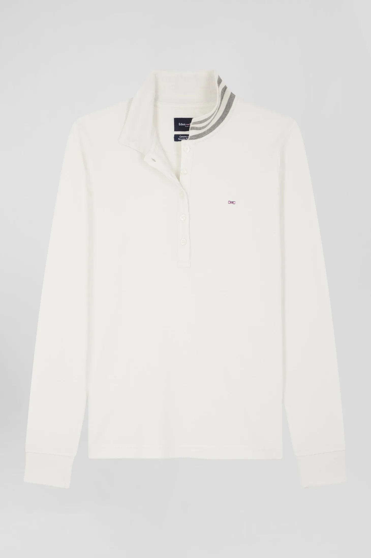 Polo manches longues en coton stretch écru col cerclé coupe Slim