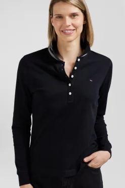 Polo manches longues en coton stretch col cerclé noir coupe Slim