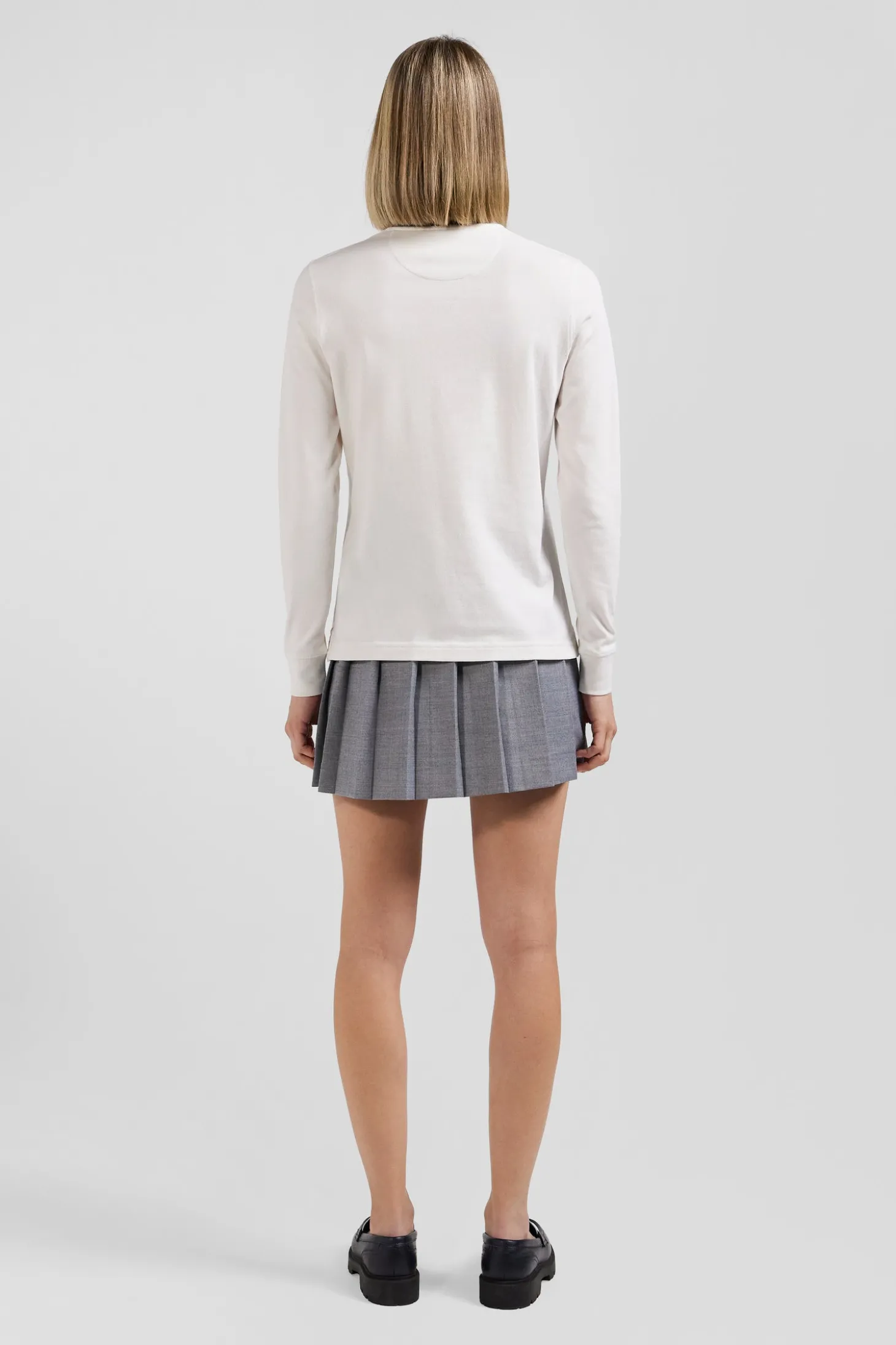 Polo manches longues en coton stretch écru col cerclé coupe Slim