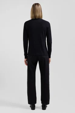Polo manches longues en coton stretch col cerclé noir coupe Slim