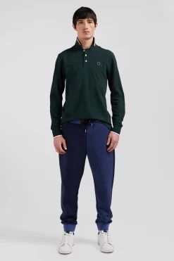 Polo manches longues en piqué coton vert détails tricolores coupe Regular