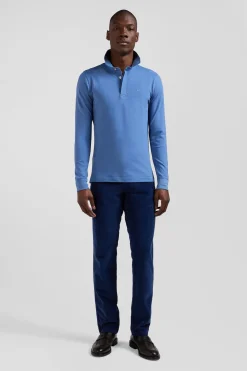 Polo manches longues en piqué coton bleu coupe Slim
