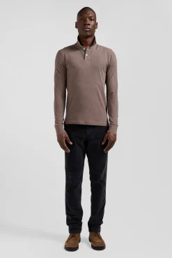 Polo manches longues en piqué coton marron