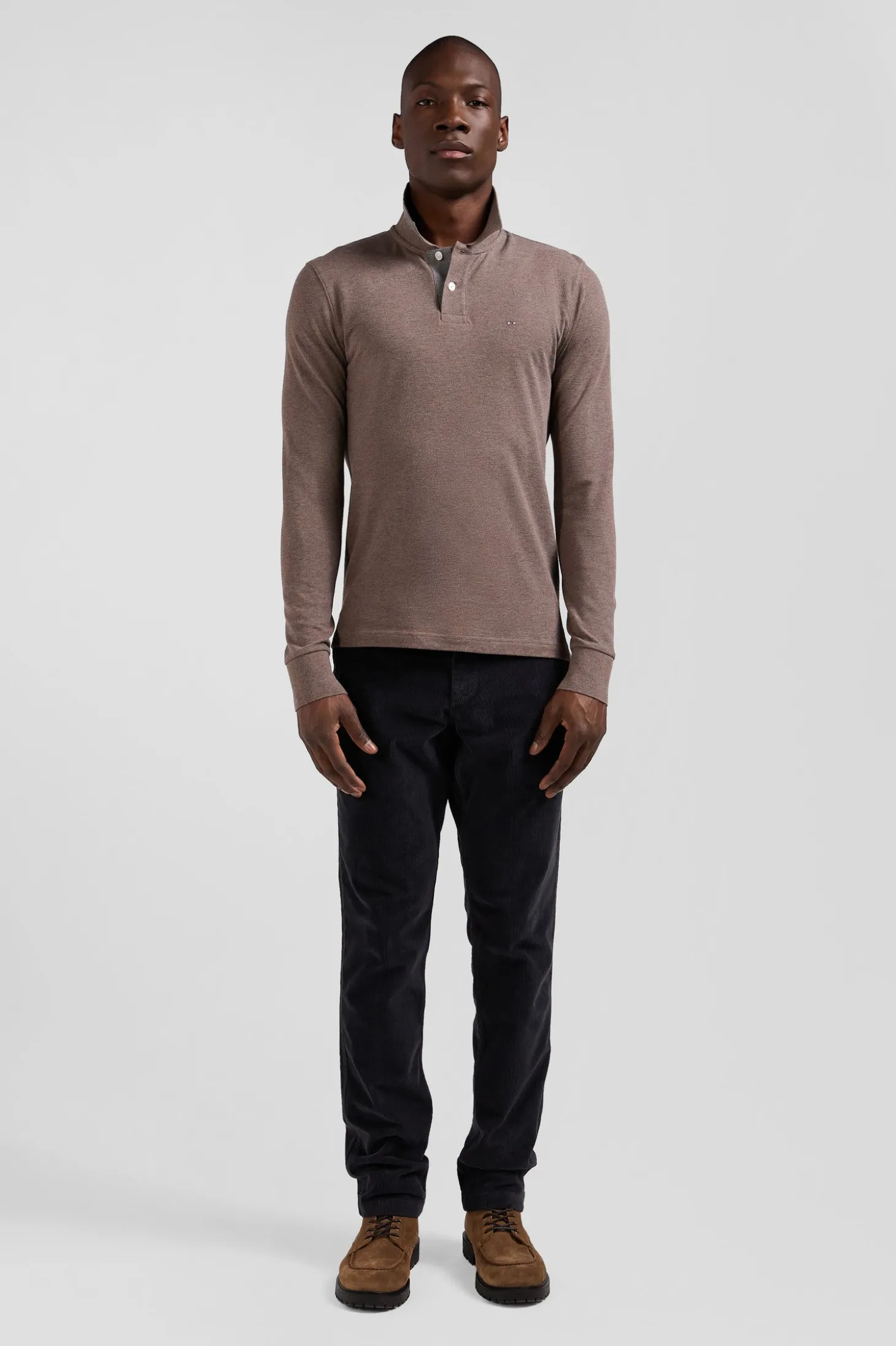 Polo manches longues en piqué coton marron