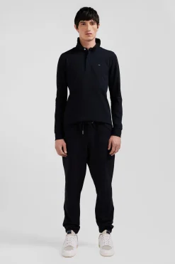 Polo manches longues en piqué coton noir coupe Slim